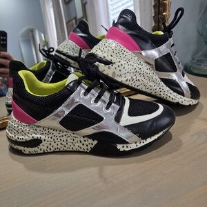 Steve Madden Barra iridescent sneakers in black white and silver